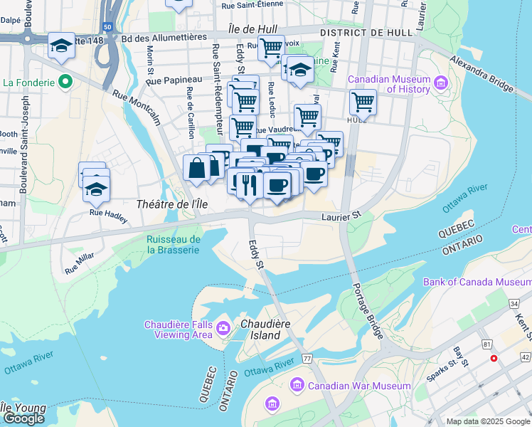 map of restaurants, bars, coffee shops, grocery stores, and more near 60 Promenade du Portage in Gatineau