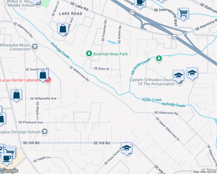 map of restaurants, bars, coffee shops, grocery stores, and more near 4585 Southeast Aldercrest Road in Milwaukie