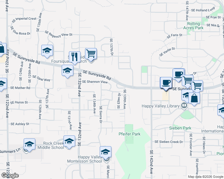 map of restaurants, bars, coffee shops, grocery stores, and more near 13531 Southeast Ellen Drive in Clackamas