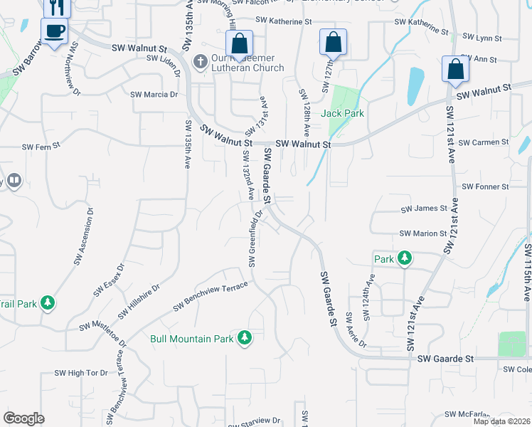 map of restaurants, bars, coffee shops, grocery stores, and more near 13145 Southwest Worchester Place in Tigard
