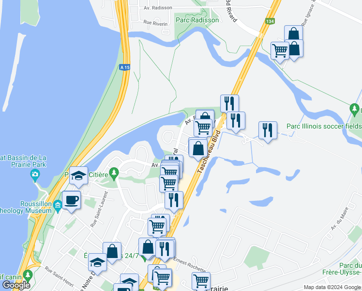 map of restaurants, bars, coffee shops, grocery stores, and more near 90 Avenue Balmoral in La Prairie