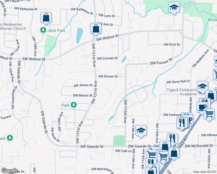 map of restaurants, bars, coffee shops, grocery stores, and more near 11825 Southwest James Court in Tigard