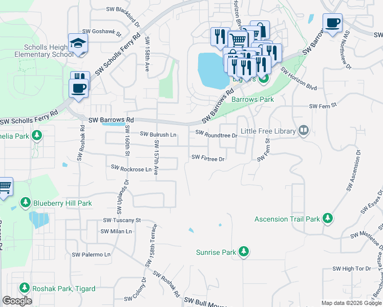 map of restaurants, bars, coffee shops, grocery stores, and more near 15350 Southwest Firtree Drive in Portland