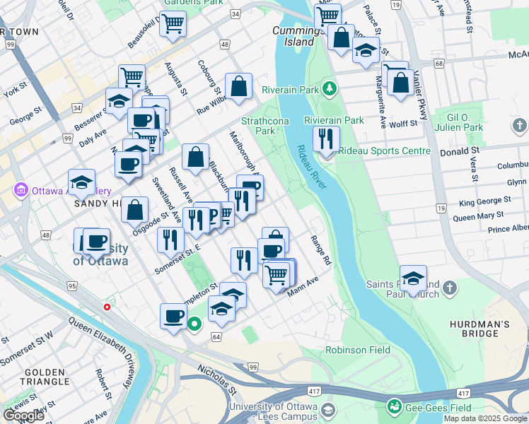 map of restaurants, bars, coffee shops, grocery stores, and more near 329 Somerset Street East in Ottawa