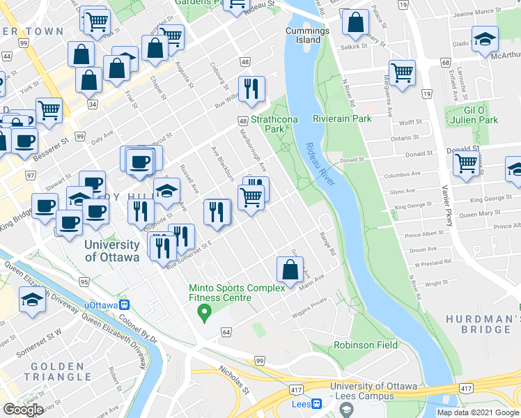 map of restaurants, bars, coffee shops, grocery stores, and more near 329 Somerset Street East in Ottawa