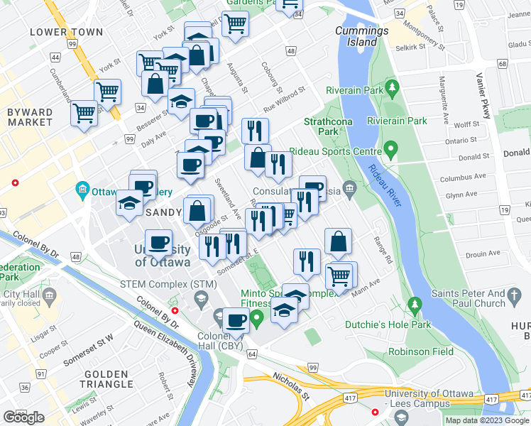 map of restaurants, bars, coffee shops, grocery stores, and more near 111 Russell Avenue in Ottawa