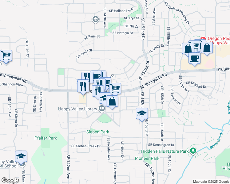 map of restaurants, bars, coffee shops, grocery stores, and more near 14800 Southeast Sunnyside Road in Clackamas