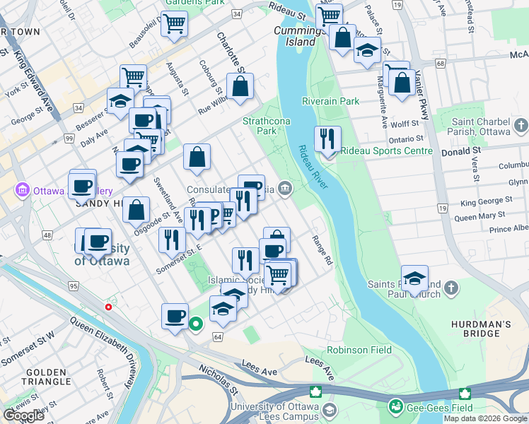 map of restaurants, bars, coffee shops, grocery stores, and more near 340 Somerset Street East in Ottawa