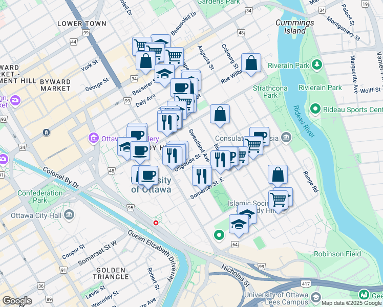 map of restaurants, bars, coffee shops, grocery stores, and more near 371 Nelson Street in Ottawa