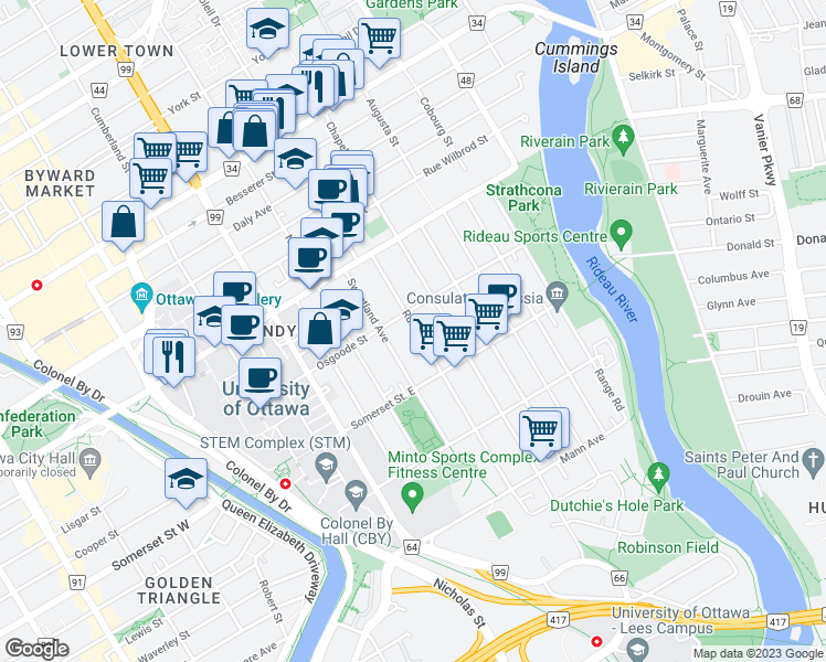 map of restaurants, bars, coffee shops, grocery stores, and more near 80 Russell Avenue in Ottawa