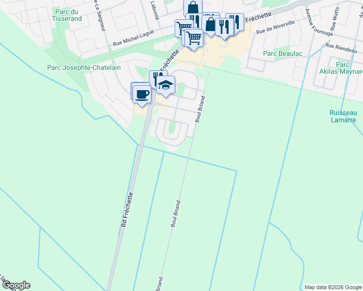 map of restaurants, bars, coffee shops, grocery stores, and more near 3056 Rue Louise-de Ramezay in Chambly