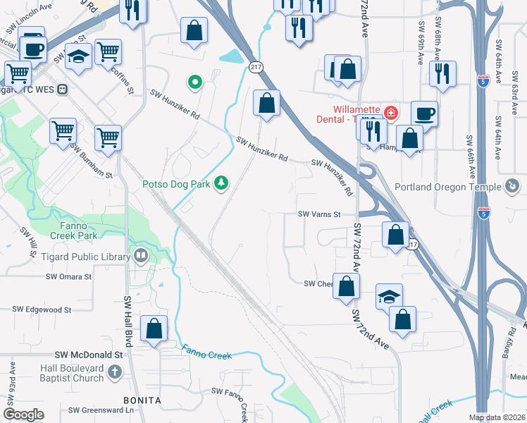 map of restaurants, bars, coffee shops, grocery stores, and more near 7790 Southwest Hunziker Road in Tigard