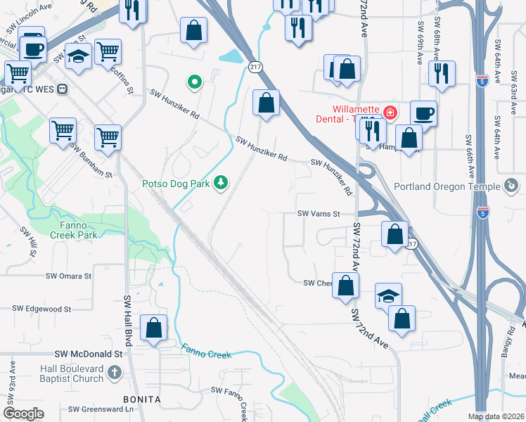 map of restaurants, bars, coffee shops, grocery stores, and more near 7790 Southwest Hunziker Road in Tigard