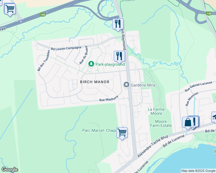 map of restaurants, bars, coffee shops, grocery stores, and more near 34 Rue Boyer in Gatineau