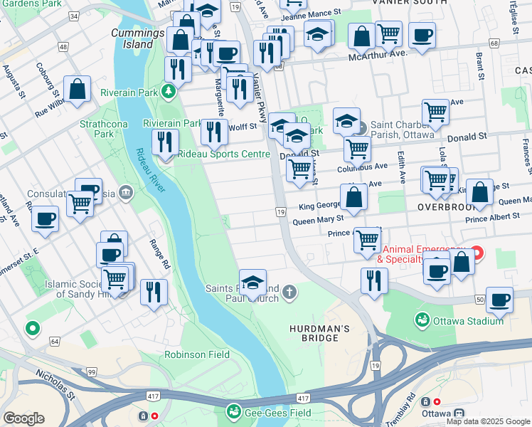 map of restaurants, bars, coffee shops, grocery stores, and more near 48 King George Street in Ottawa