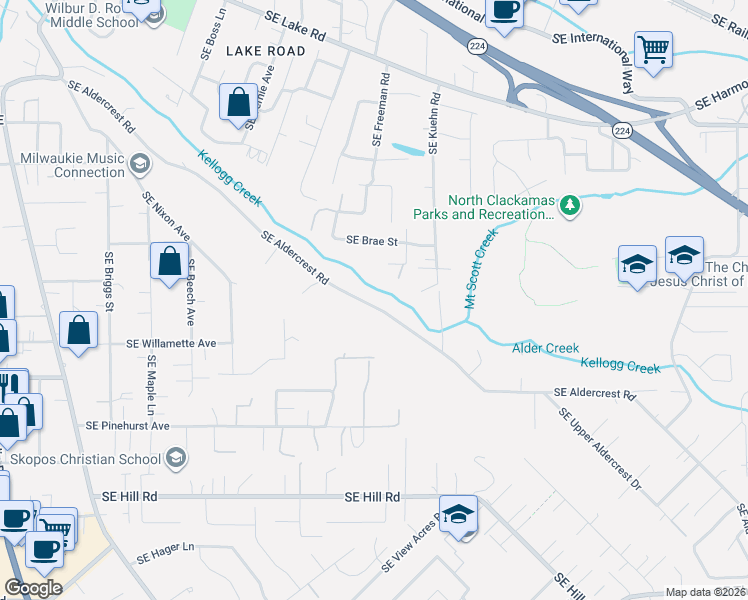 map of restaurants, bars, coffee shops, grocery stores, and more near 4488 Southeast Aldercrest Road in Milwaukie