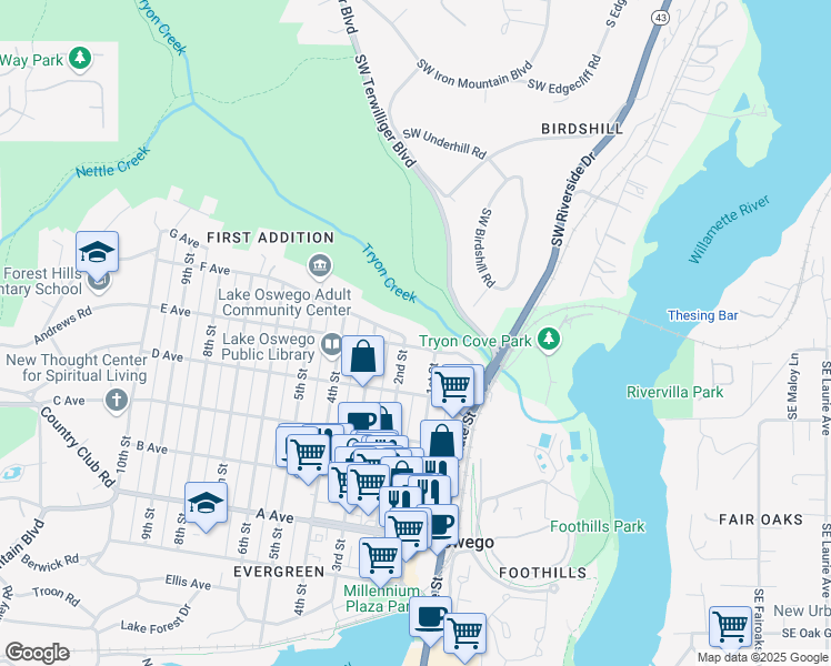 map of restaurants, bars, coffee shops, grocery stores, and more near 791 2nd Street in Lake Oswego