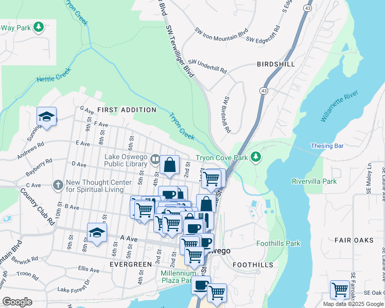 map of restaurants, bars, coffee shops, grocery stores, and more near 791 2nd Street in Lake Oswego
