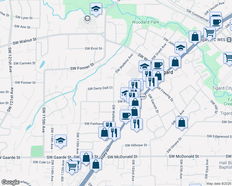 map of restaurants, bars, coffee shops, grocery stores, and more near 13180 Southwest Watkins Avenue in Portland