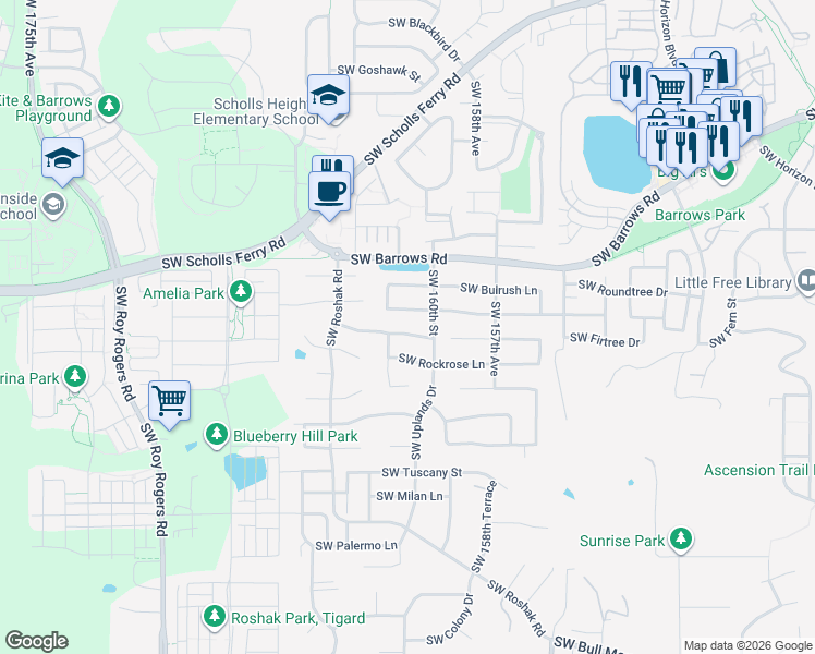 map of restaurants, bars, coffee shops, grocery stores, and more near 16082 Southwest Dewberry Lane in Portland
