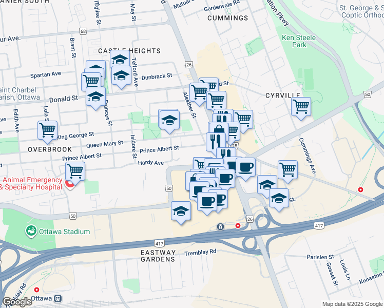 map of restaurants, bars, coffee shops, grocery stores, and more near 574 Prince Albert Street in Ottawa