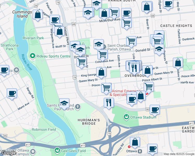 map of restaurants, bars, coffee shops, grocery stores, and more near in Ottawa