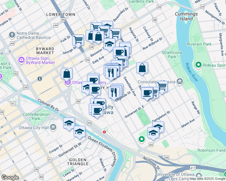 map of restaurants, bars, coffee shops, grocery stores, and more near 120 Osgoode Street in Ottawa