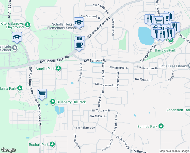 map of restaurants, bars, coffee shops, grocery stores, and more near 16079 Southwest Dewberry Lane in Portland