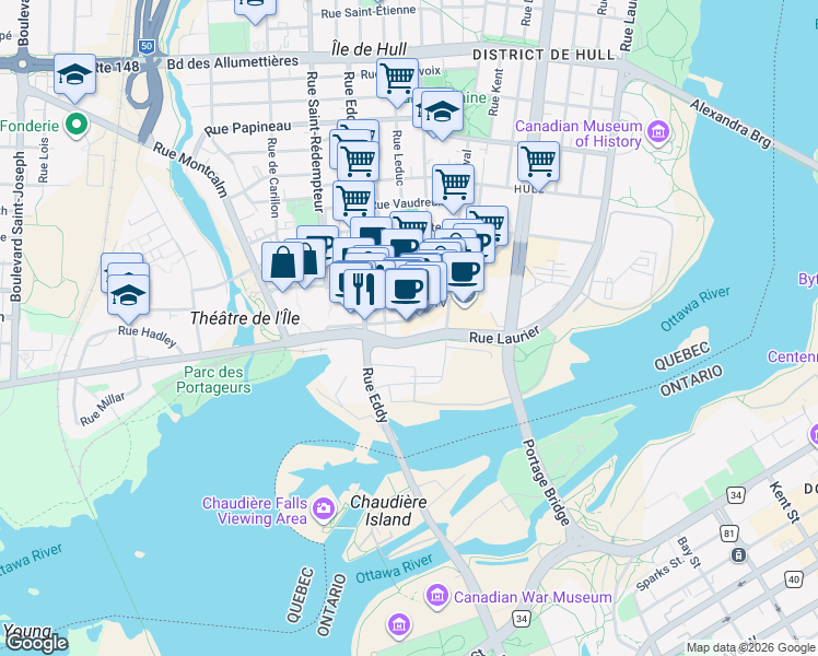 map of restaurants, bars, coffee shops, grocery stores, and more near 80 Promenade du Portage in Gatineau