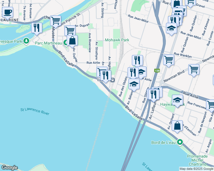 map of restaurants, bars, coffee shops, grocery stores, and more near 9635 B Boulevard LaSalle in Montréal