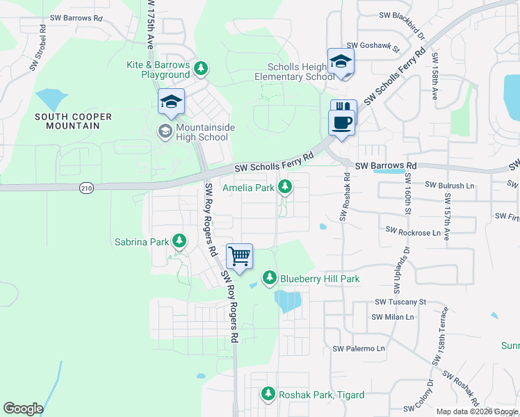 map of restaurants, bars, coffee shops, grocery stores, and more near 16858 Southwest Larkspring Lane in Beaverton