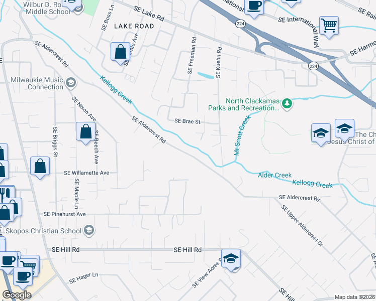 map of restaurants, bars, coffee shops, grocery stores, and more near 4495 Southeast Aldercrest Road in Milwaukie