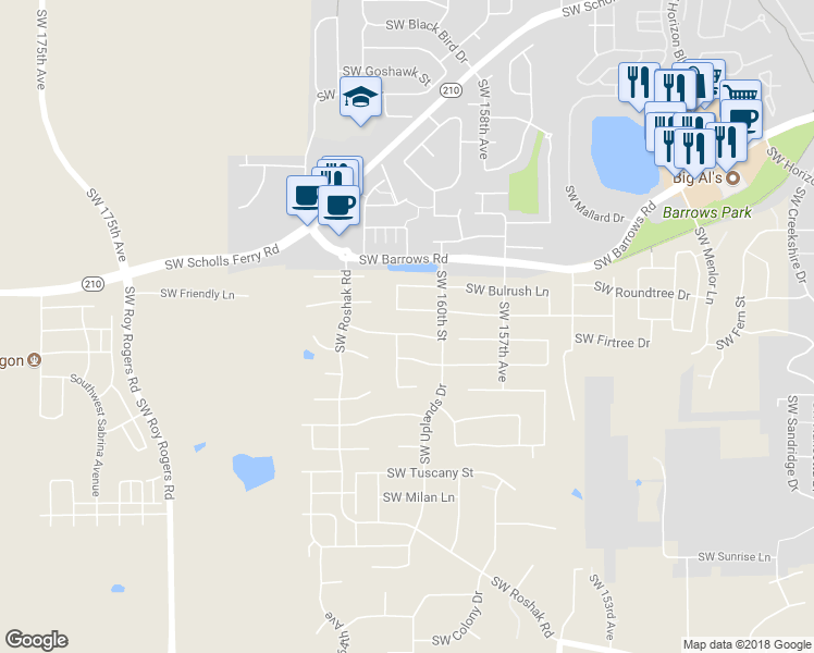 map of restaurants, bars, coffee shops, grocery stores, and more near 16079 Southwest Dewberry Lane in Portland