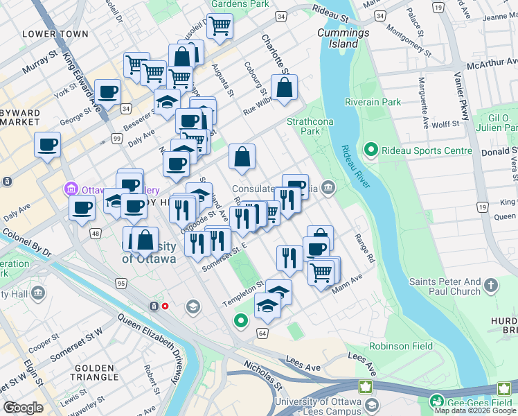 map of restaurants, bars, coffee shops, grocery stores, and more near 368 Chapel Street in Ottawa