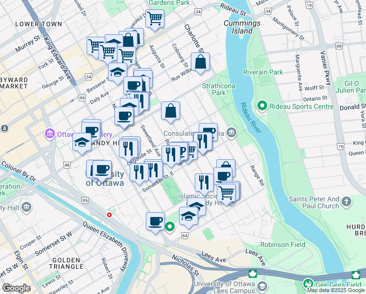 map of restaurants, bars, coffee shops, grocery stores, and more near 111 Russell Avenue in Ottawa