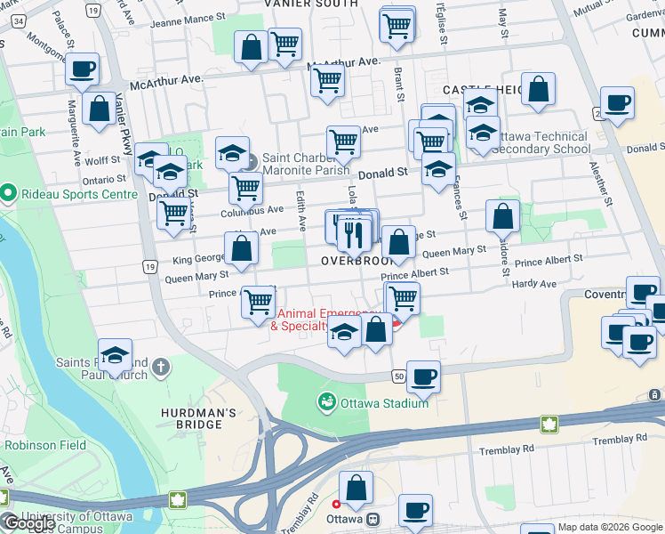 map of restaurants, bars, coffee shops, grocery stores, and more near 274 Queen Mary Street in Ottawa