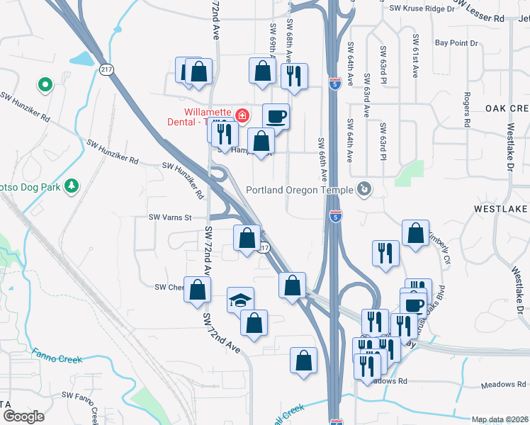 map of restaurants, bars, coffee shops, grocery stores, and more near Beaverton Tigard Hwy in Tigard
