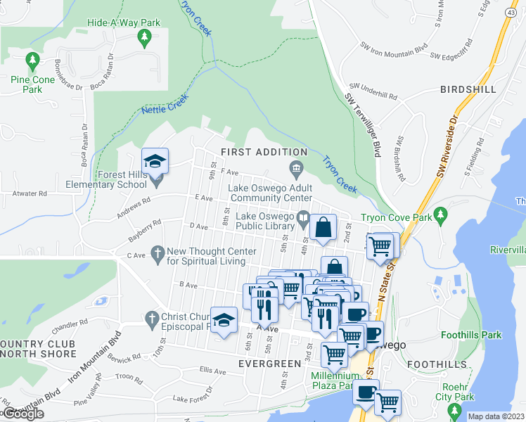 map of restaurants, bars, coffee shops, grocery stores, and more near 610 E Avenue in Lake Oswego