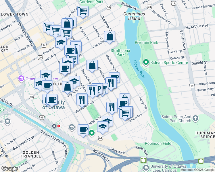 map of restaurants, bars, coffee shops, grocery stores, and more near 82 Blackburn Avenue in Ottawa