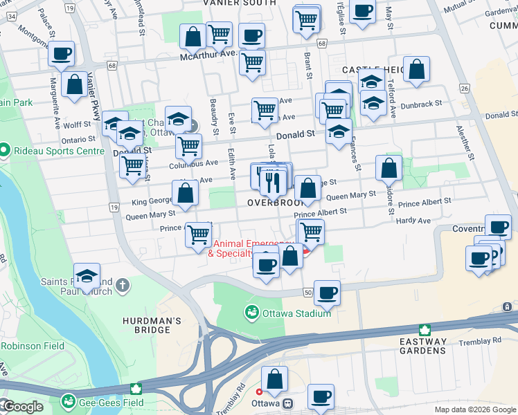 map of restaurants, bars, coffee shops, grocery stores, and more near 276 Queen Mary Street in Ottawa