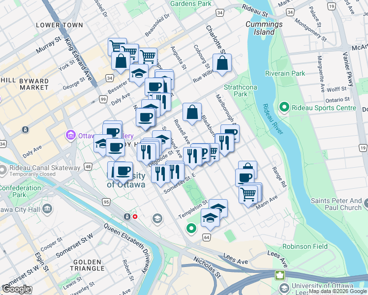 map of restaurants, bars, coffee shops, grocery stores, and more near 190 Osgoode Street in Ottawa