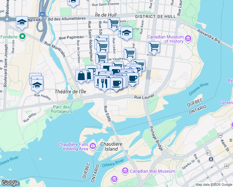 map of restaurants, bars, coffee shops, grocery stores, and more near 70 Promenade du Portage in Gatineau