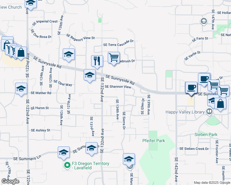 map of restaurants, bars, coffee shops, grocery stores, and more near 13567 Southeast 134th Avenue in Clackamas