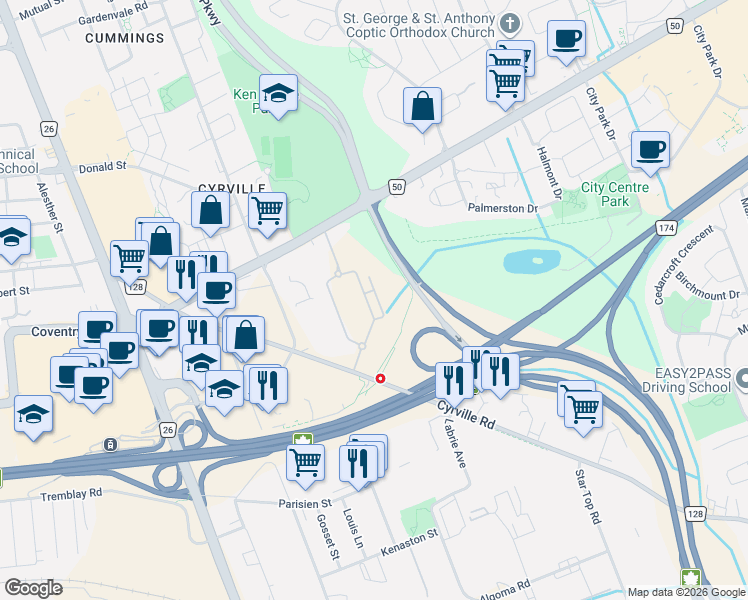 map of restaurants, bars, coffee shops, grocery stores, and more near in Ottawa