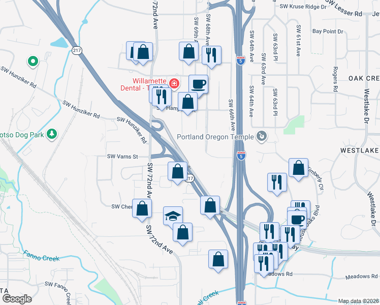 map of restaurants, bars, coffee shops, grocery stores, and more near Beaverton Tigard Hwy in Tigard
