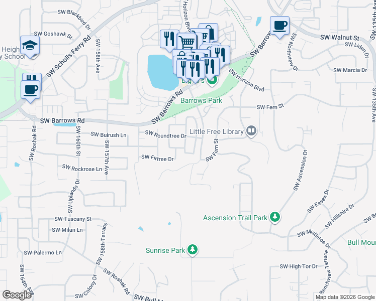 map of restaurants, bars, coffee shops, grocery stores, and more near 13155 Southwest Brianne Way in Portland