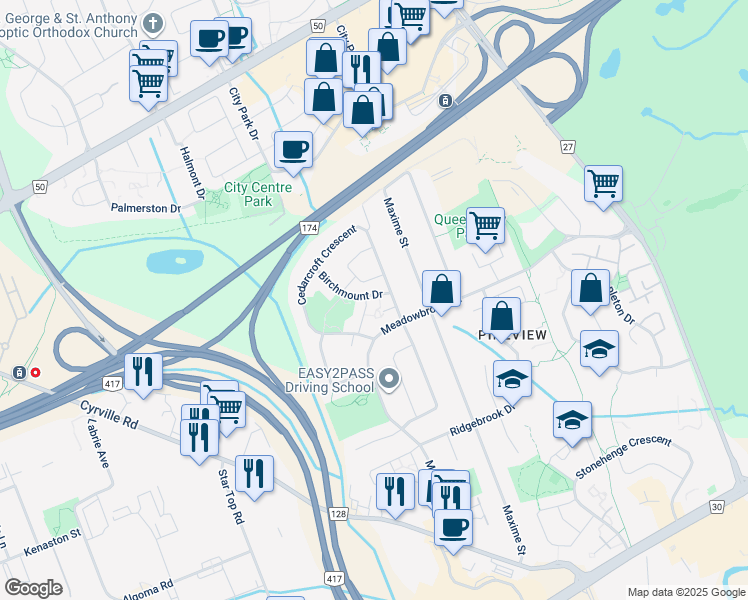 map of restaurants, bars, coffee shops, grocery stores, and more near 1350 Birchmount Drive in Ottawa