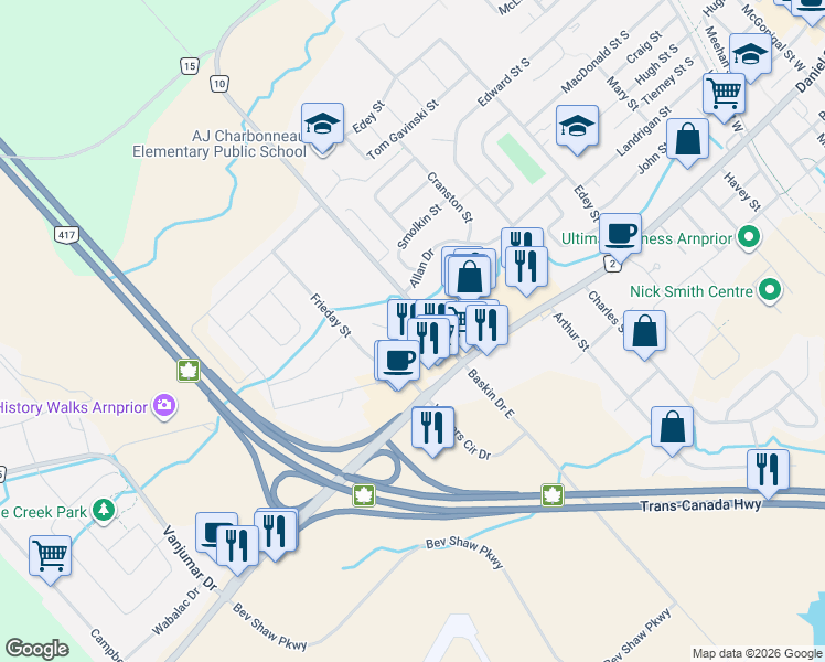 map of restaurants, bars, coffee shops, grocery stores, and more near 330 Fairbrooke Court in Arnprior