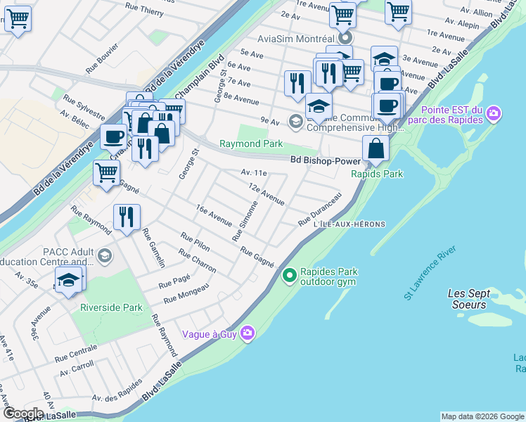 map of restaurants, bars, coffee shops, grocery stores, and more near 7917 Rue Thelma in Montréal