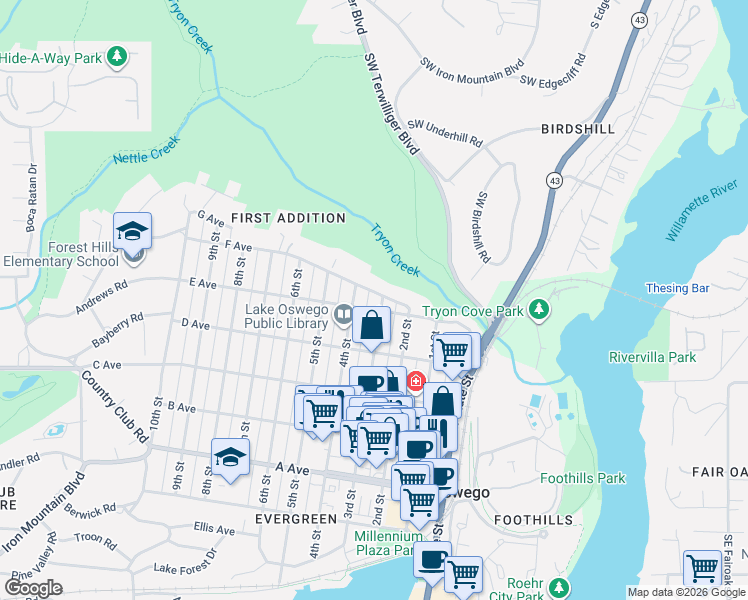 map of restaurants, bars, coffee shops, grocery stores, and more near 310 G Avenue in Lake Oswego